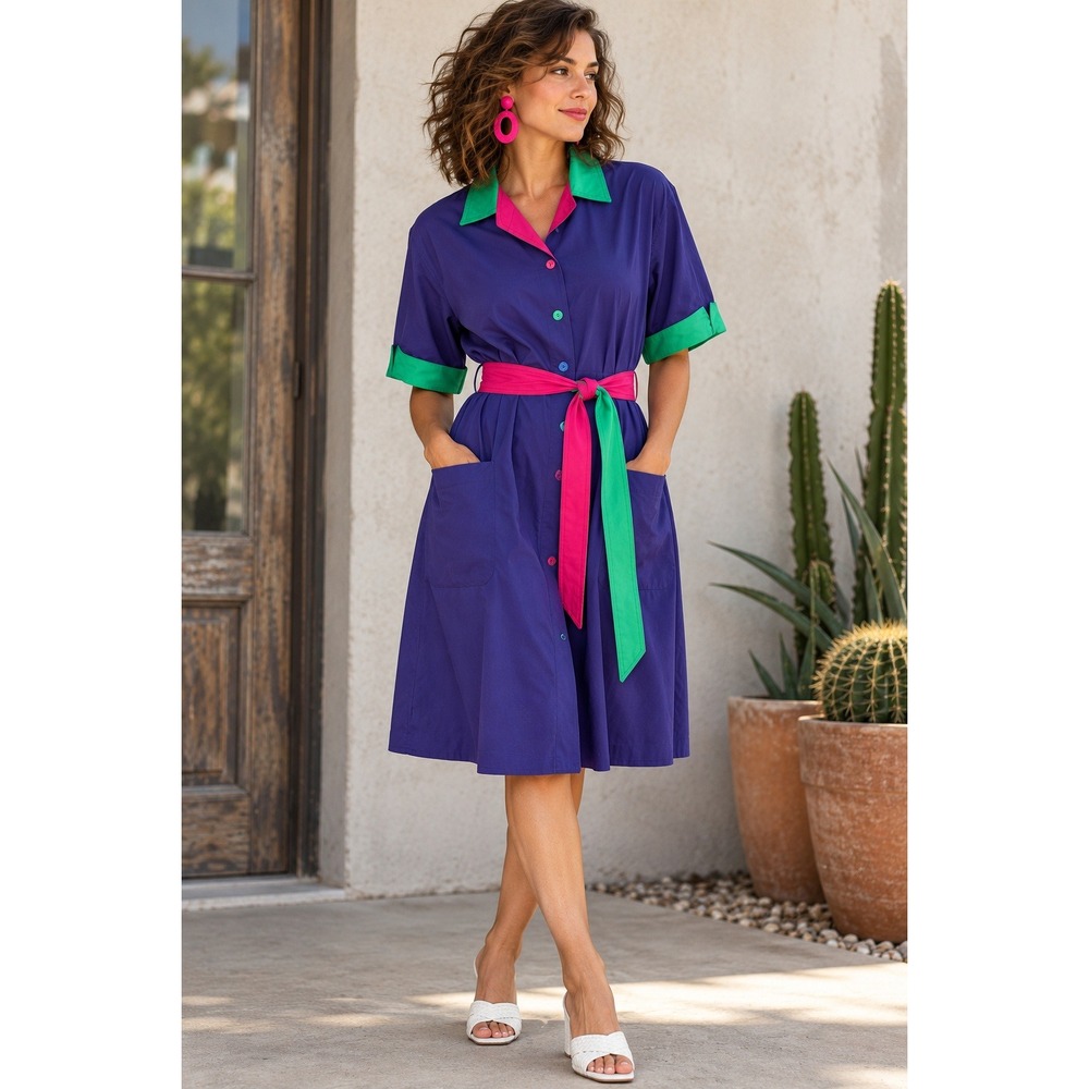 Vintage Ilse M. California Colorblock Shirt Dress Purple Green Pink Size 14